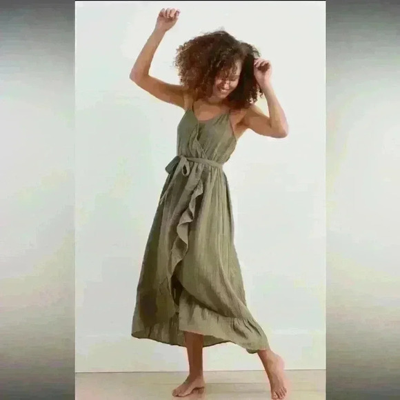 aerie Dresses & Skirts - Not 4 sale Ruffle Wrap Midi Dress Army Green V-Neck Aerie Boho Cottage Lagenlook